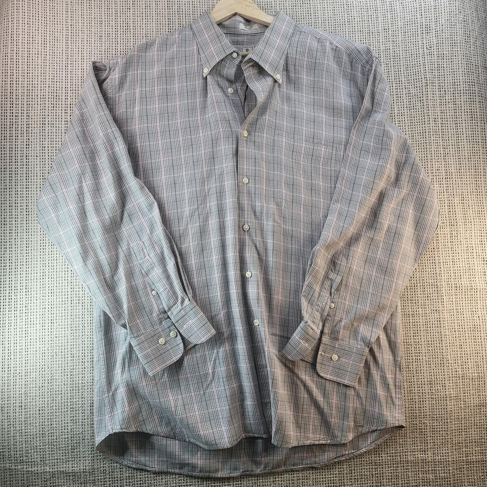 Peter Millar Shirt Mens XL Gray Pink Plaid Button Down Long Sleeve Cotton